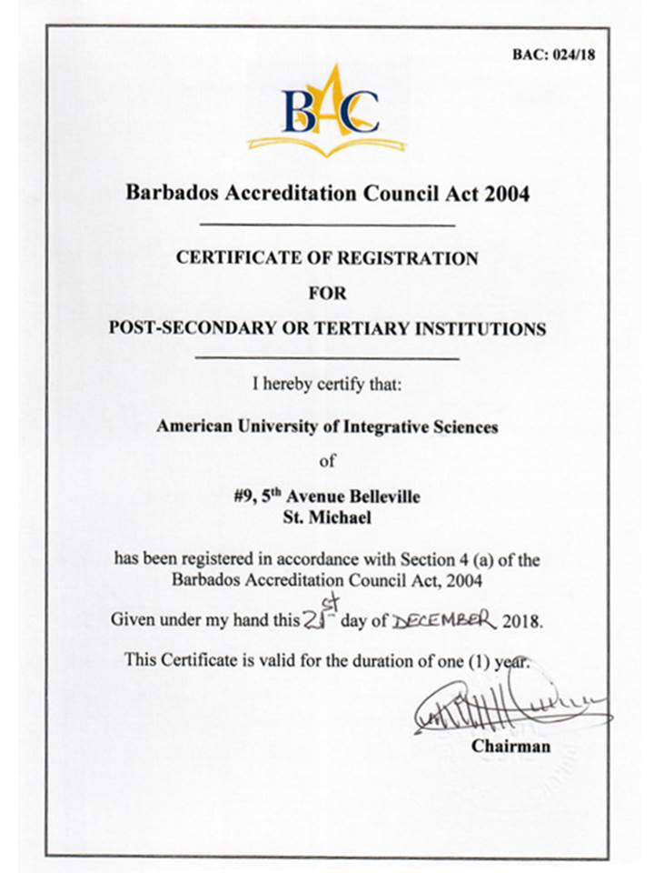 Barbados Accreditation Council Certificate